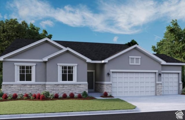 6217 W Teton Ranch Dr S Unit 324, Herriman, UT 84096 - view of front of home with stone siding, a garage, stucco siding, and a front lawn