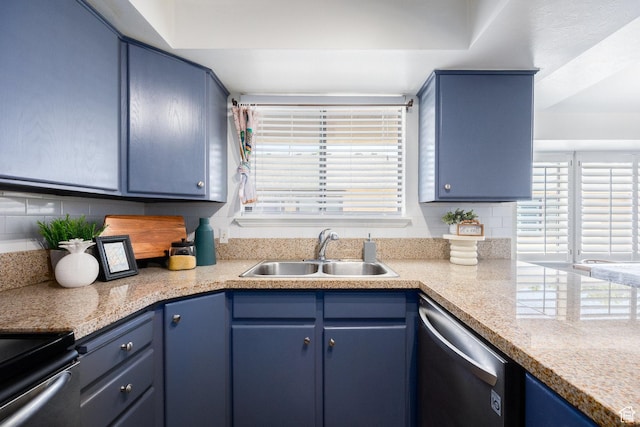 1155 E Murray Holladay Rd, Millcreek, UT 84117 - kitchen with a sink, dishwasher, blue cabinetry, and tasteful backsplash