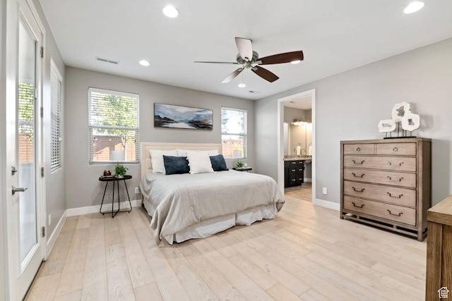 2914 E 1880 S, St George, UT 84790 - bedroom with light wood-type flooring, recessed lighting, baseboards, ceiling fan, and connected bathroom