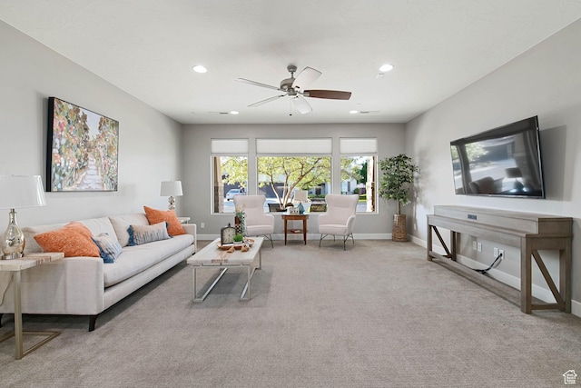 2914 E 1880 S, St George, UT 84790 - living room with carpet flooring, ceiling fan, baseboards, and recessed lighting