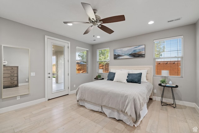 2914 E 1880 S, St George, UT 84790 - bedroom with light wood-type flooring, baseboards, recessed lighting, ceiling fan, and access to exterior