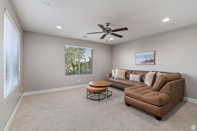 2914 E 1880 S, St George, UT 84790 - living area with light colored carpet, baseboards, a ceiling fan, and recessed lighting