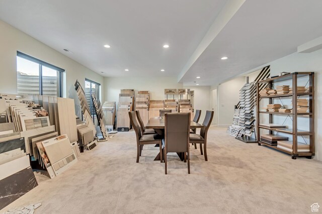 13393 S Sky Ranch Rd, Herriman, UT 84096 - dining area with light carpet, recessed lighting, stairs, and baseboards