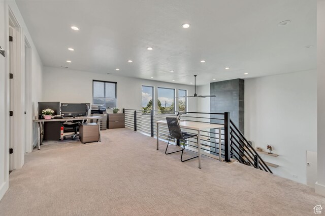 13393 S Sky Ranch Rd, Herriman, UT 84096 - office featuring light colored carpet, recessed lighting, and a ceiling fan