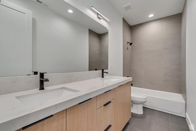 13393 S Sky Ranch Rd, Herriman, UT 84096 - bathroom with toilet, tile patterned floors, double vanity, recessed lighting, and  shower combination