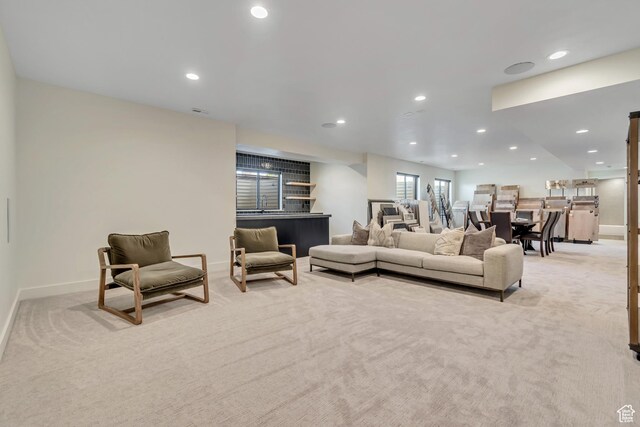 13393 S Sky Ranch Rd, Herriman, UT 84096 - living room with light colored carpet, recessed lighting, and baseboards