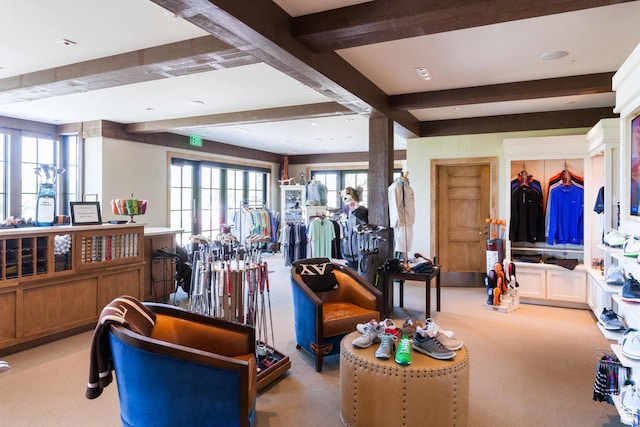 9747 N Ridgeway Cir Unit Rw-21, Kamas, UT 84036 - living room featuring carpet, beam ceiling, and recessed lighting