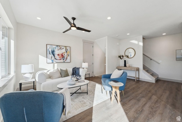 345 E 100 S, Santaquin, UT 84655 - living area with wood finished floors, ceiling fan, stairway, recessed lighting, and baseboards