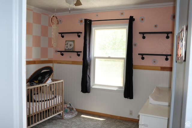 484 N Main St, Malad City, ID 83252 - bedroom with a crib, multiple windows, carpet, ornamental molding, and a wainscoted wall