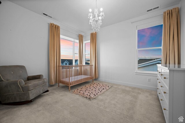 4771 W Juniper Bend Cir, Herriman, UT 84096 - bedroom with a chandelier, light carpet, and baseboards