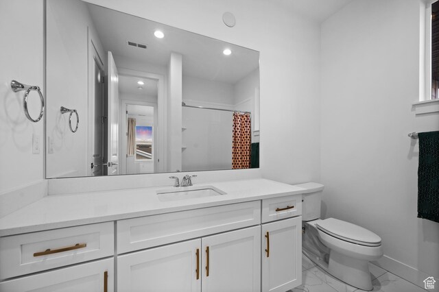 4771 W Juniper Bend Cir, Herriman, UT 84096 - full bath with marble look tile flooring, vanity, recessed lighting, toilet, and baseboards