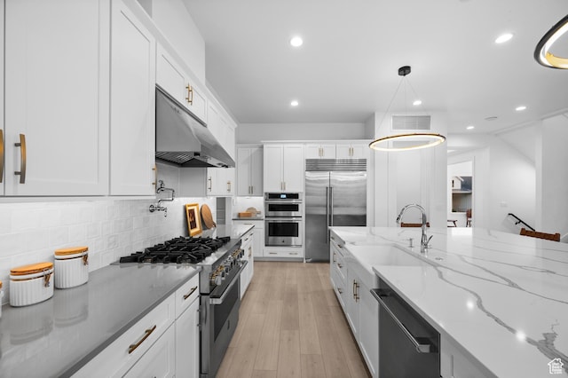 4771 W Juniper Bend Cir, Herriman, UT 84096 - kitchen featuring under cabinet range hood, high quality appliances, a sink, white cabinets, and light stone counters