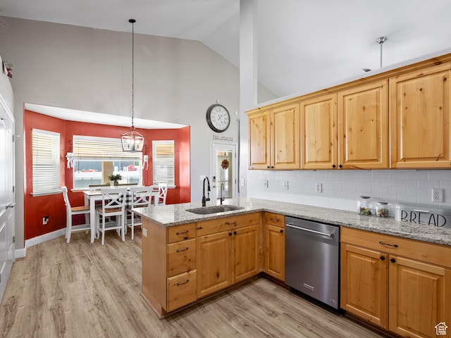6121 W Indian Oak Dr S, West Jordan, UT 84081 - kitchen featuring stainless steel dishwasher, a sink, decorative backsplash, a peninsula, and high vaulted ceiling
