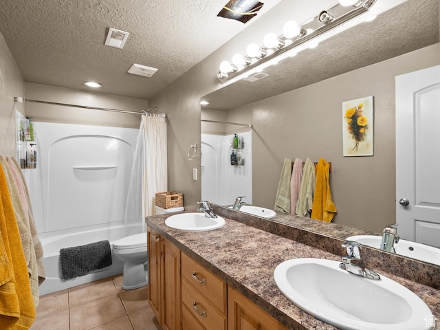 6121 W Indian Oak Dr S, West Jordan, UT 84081 - bathroom featuring toilet, double vanity, shower / bath combination with curtain, tile patterned flooring, and a textured ceiling