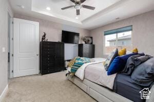 3454 W 150th St N, Hurricane, UT 84737 - carpeted bedroom featuring a raised ceiling, recessed lighting, a ceiling fan, and baseboards