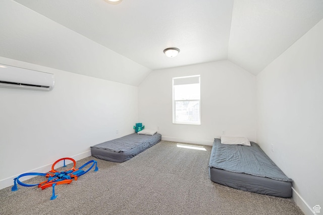 5258 W 3750 S, Hooper, UT 84315 - unfurnished bedroom featuring a wall mounted AC, vaulted ceiling, carpet floors, and baseboards