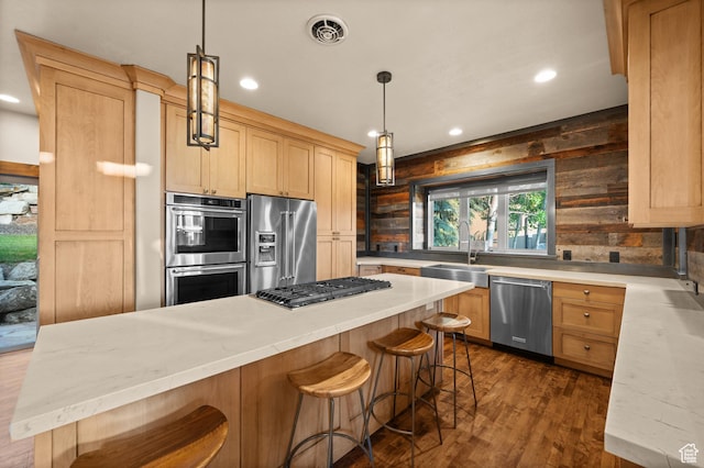 8932 Flint Way, Park City, UT 84098 - kitchen with stainless steel appliances, a sink, light brown cabinetry, dark wood-type flooring, and recessed lighting