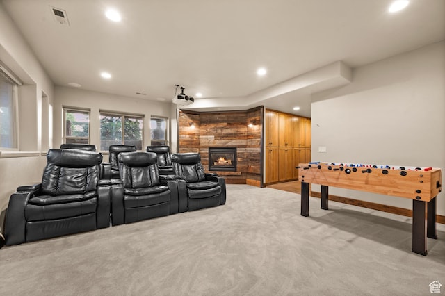8932 Flint Way, Park City, UT 84098 - cinema room featuring a large fireplace, recessed lighting, and light carpet