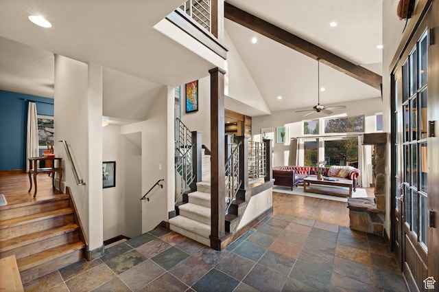 8932 Flint Way, Park City, UT 84098 - stairway with stone tile floors, a ceiling fan, baseboards, recessed lighting, and beam ceiling