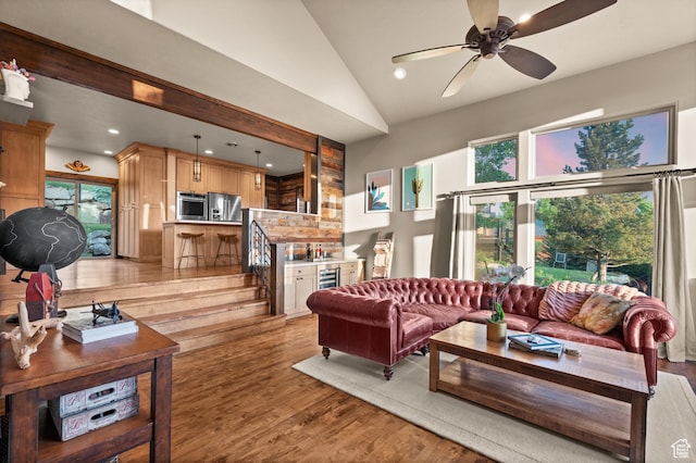8932 Flint Way, Park City, UT 84098 - living area featuring light wood-style floors, a ceiling fan, recessed lighting, and high vaulted ceiling