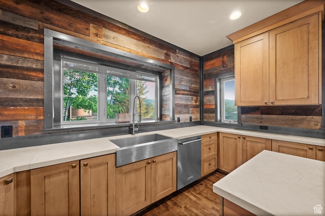 8932 Flint Way, Park City, UT 84098 - kitchen with a sink, stainless steel dishwasher, dark wood finished floors, wooden walls, and recessed lighting