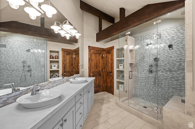 8932 Flint Way, Park City, UT 84098 - full bathroom featuring double vanity, a shower stall, tile patterned flooring, and a chandelier