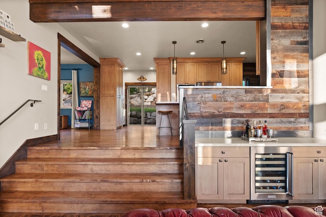 8932 Flint Way, Park City, UT 84098 - indoor wet bar with beverage cooler, recessed lighting, wood finished floors, and decorative light fixtures