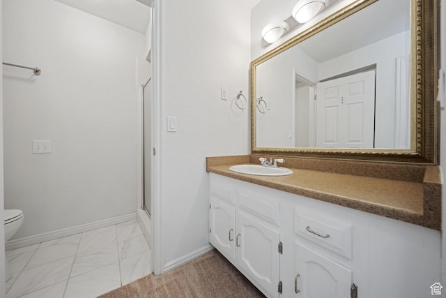 1591 E Waters Ln, Sandy, UT 84093 - full bathroom with vanity, toilet, a shower stall, marble finish floors, and baseboards