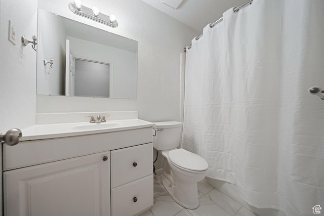 1591 E Waters Ln, Sandy, UT 84093 - full bathroom featuring toilet, marble finish floors, vanity, and curtained shower