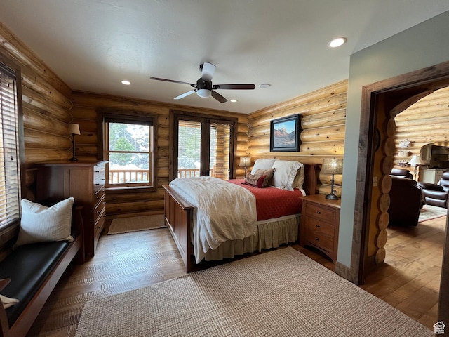 2665 Government Dam Rd, Soda Springs, ID 83276 - bedroom featuring rustic walls, wood-type flooring, recessed lighting, and a ceiling fan