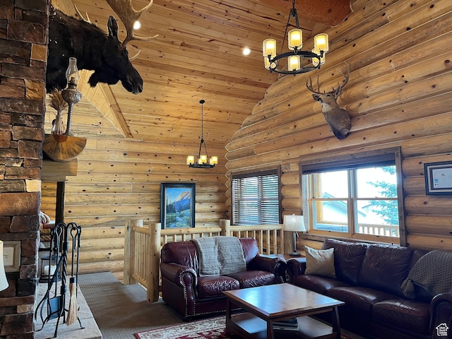 2665 Government Dam Rd, Soda Springs, ID 83276 - living room with a chandelier, rustic walls, wood ceiling, high vaulted ceiling, and carpet