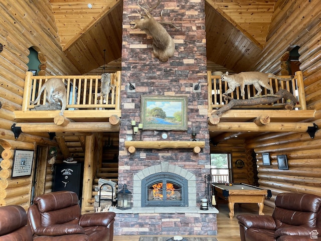 2665 Government Dam Rd, Soda Springs, ID 83276 - living area with high vaulted ceiling, rustic walls, wood finished floors, wood ceiling, and billiards table