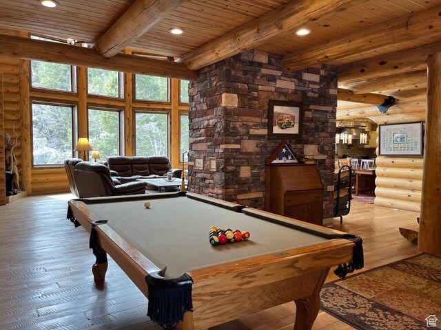 2665 Government Dam Rd, Soda Springs, ID 83276 - rec room featuring log walls, light wood-type flooring, wooden ceiling with exposed beams, billiards table, and recessed lighting