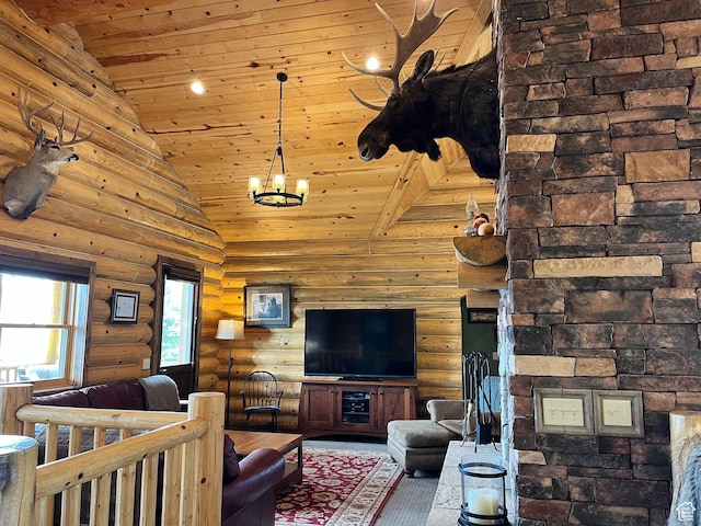 2665 Government Dam Rd, Soda Springs, ID 83276 - living room with log walls, wood ceiling, high vaulted ceiling, and a chandelier