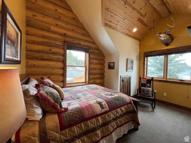 2665 Government Dam Rd, Soda Springs, ID 83276 - bedroom with log walls, carpet flooring, baseboards, and wood ceiling