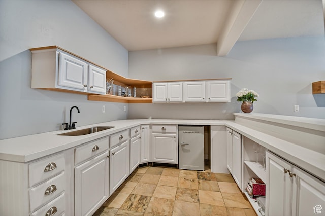 7841 Engen Loop, Park City, UT 84098 - kitchen featuring a sink, open shelves, light stone finish flooring, white cabinetry, and beam ceiling