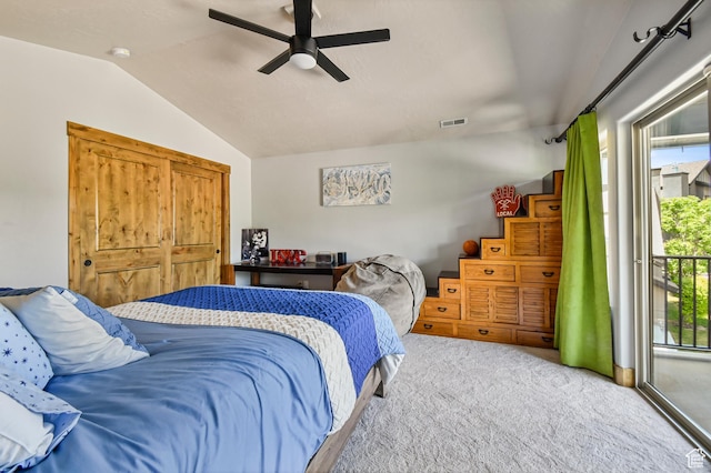 7841 Engen Loop, Park City, UT 84098 - bedroom with carpet floors, vaulted ceiling, access to outside, and a ceiling fan