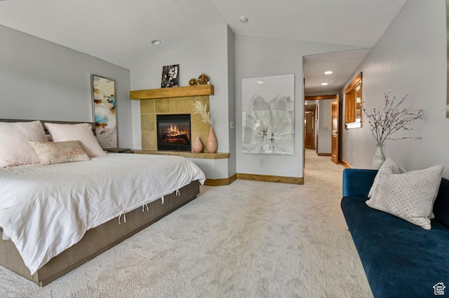 7841 Engen Loop, Park City, UT 84098 - carpeted bedroom featuring vaulted ceiling, a tiled fireplace, baseboards, and recessed lighting