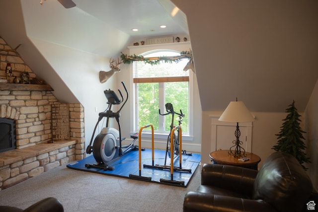 1380 N 300 W, Blanding, UT 84511 - exercise room featuring vaulted ceiling, a fireplace, and ceiling fan