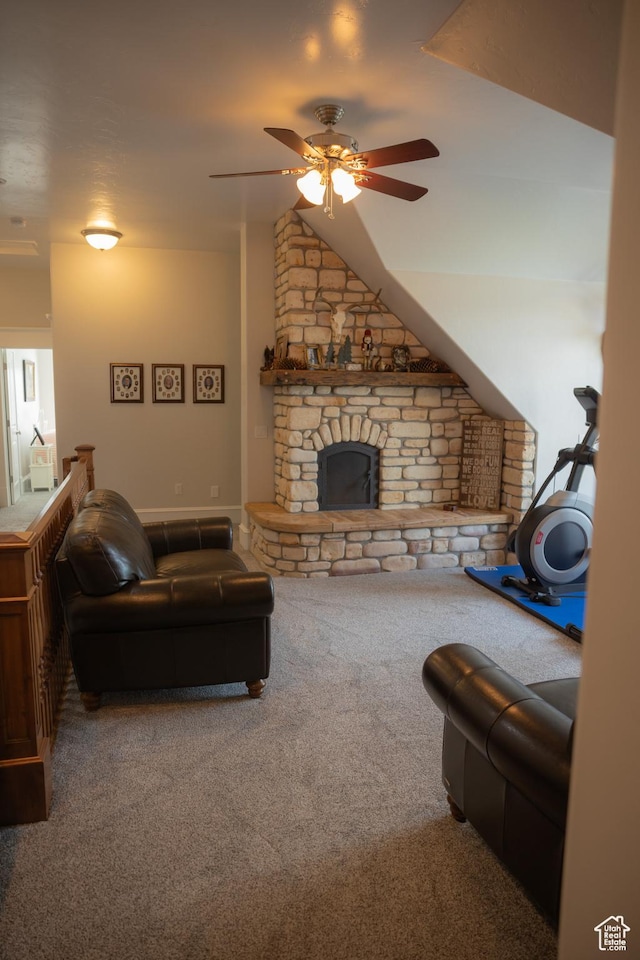 1380 N 300 W, Blanding, UT 84511 - carpeted living room featuring ceiling fan and a stone fireplace