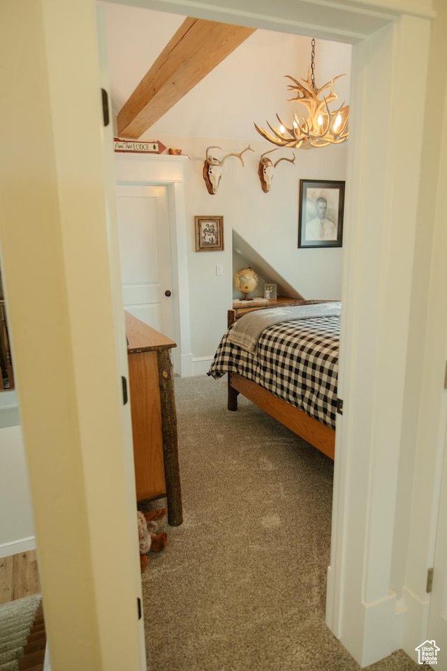 1380 N 300 W, Blanding, UT 84511 - bedroom with a chandelier, carpet floors, beam ceiling, and baseboards