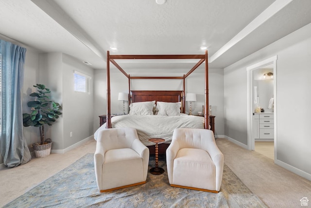 4185 W 800 S, Syracuse, UT 84075 - bedroom with light carpet, ensuite bath, baseboards, and a textured ceiling