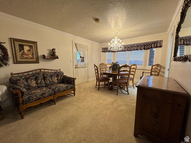 2650 S 2000 W, Syracuse, UT 84075 - dining space featuring ornamental molding, a chandelier, light carpet, a textured ceiling, and baseboards
