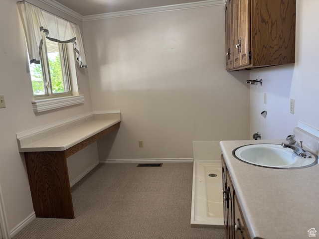 2650 S 2000 W, Syracuse, UT 84075 - washroom featuring a sink, carpet flooring, baseboards, and crown molding