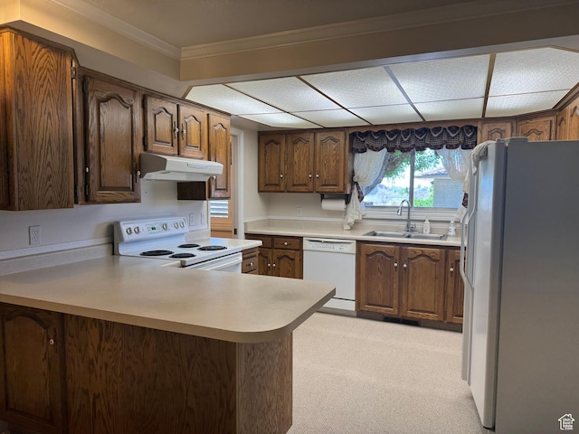2650 S 2000 W, Syracuse, UT 84075 - kitchen with white appliances, a sink, under cabinet range hood, a peninsula, and light carpet
