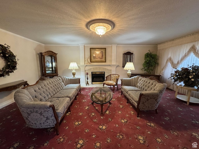 2650 S 2000 W, Syracuse, UT 84075 - carpeted living area featuring a textured ceiling, a tiled fireplace, crown molding, and baseboards