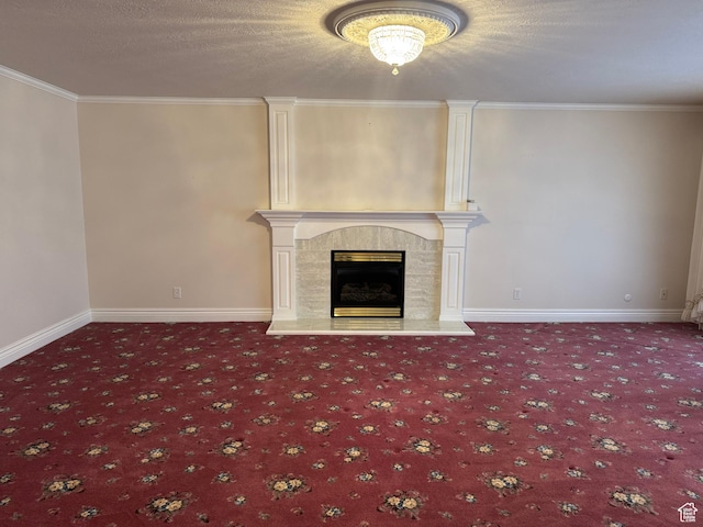 2650 S 2000 W, Syracuse, UT 84075 - unfurnished living room featuring carpet flooring, a tile fireplace, baseboards, ornamental molding, and a textured ceiling