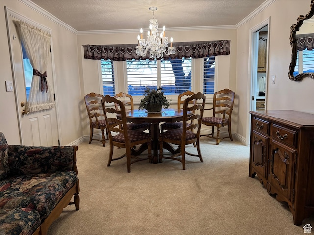 2650 S 2000 W, Syracuse, UT 84075 - dining area featuring light colored carpet, a chandelier, ornamental molding, baseboards, and a textured ceiling
