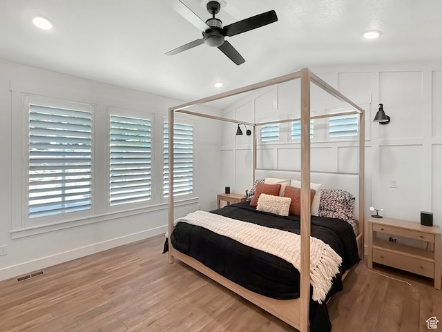 2558 N 1150 E, North Ogden, UT 84414 - bedroom featuring lofted ceiling, light wood-style floors, baseboards, recessed lighting, and a ceiling fan