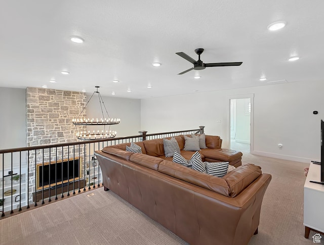 2558 N 1150 E, North Ogden, UT 84414 - living area with light carpet, a ceiling fan, recessed lighting, a chandelier, and baseboards